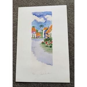Signed Numbered Art Print Colorful Village Street Palm Trees Landscape 10/100